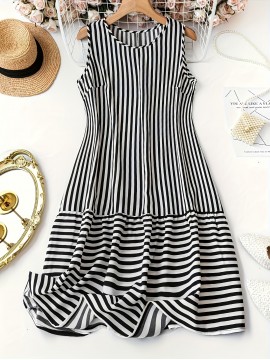 Plus Size Stripe Print Tank Dress - Relaxed Fit, Sleeveless Design for Warm Weather, Perfect for Spring and Summer - Designed for Women with Curves, Confident Fit, Everyday Wear