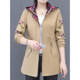 Plus Size Women's Floral Pattern Jacket - Casual Hooded Long Sleeve Outerwear with Zipper Front and Relaxed Fit Plus Size Women's Floral Pattern Jacket - Casual Hooded Long Sleeve Outerwear with Zipper Front and Relaxed Fit