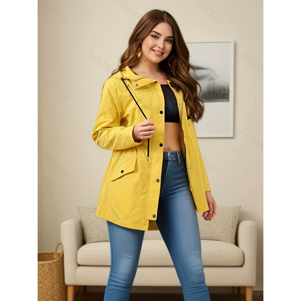 Chic Plus Size Hooded Windbreaker - Casual Solid Color, Drawstring Detail, Machine Washable - Perfect For Spring/Fall Chic Plus Size Hooded Windbreaker - Casual Solid Color, Drawstring Detail, Machine Washable - Perfect For Spring/Fall