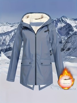 Plus Size Plush Lined Hooded Coat, Warm Long Sleeve Zipper Coat for Winter, Casual Women's Clothing