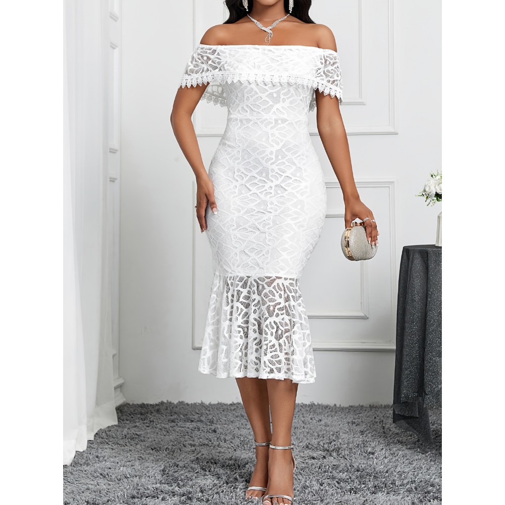 Lace Splicing Of Shoulder Formal Dress, Elegant Mermaid Hem Evening Dress For Party & Banquet, Women's Clothing Lace Splicing Of Shoulder Formal Dress, Elegant Mermaid Hem Evening Dress For Party & Banquet, Women's Clothing