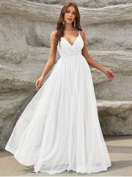 Elegant Sequined Mesh Big Swing Sleeveless Bridesmaid Dress, V-Neck Splicing Wedding Party Dress for Women