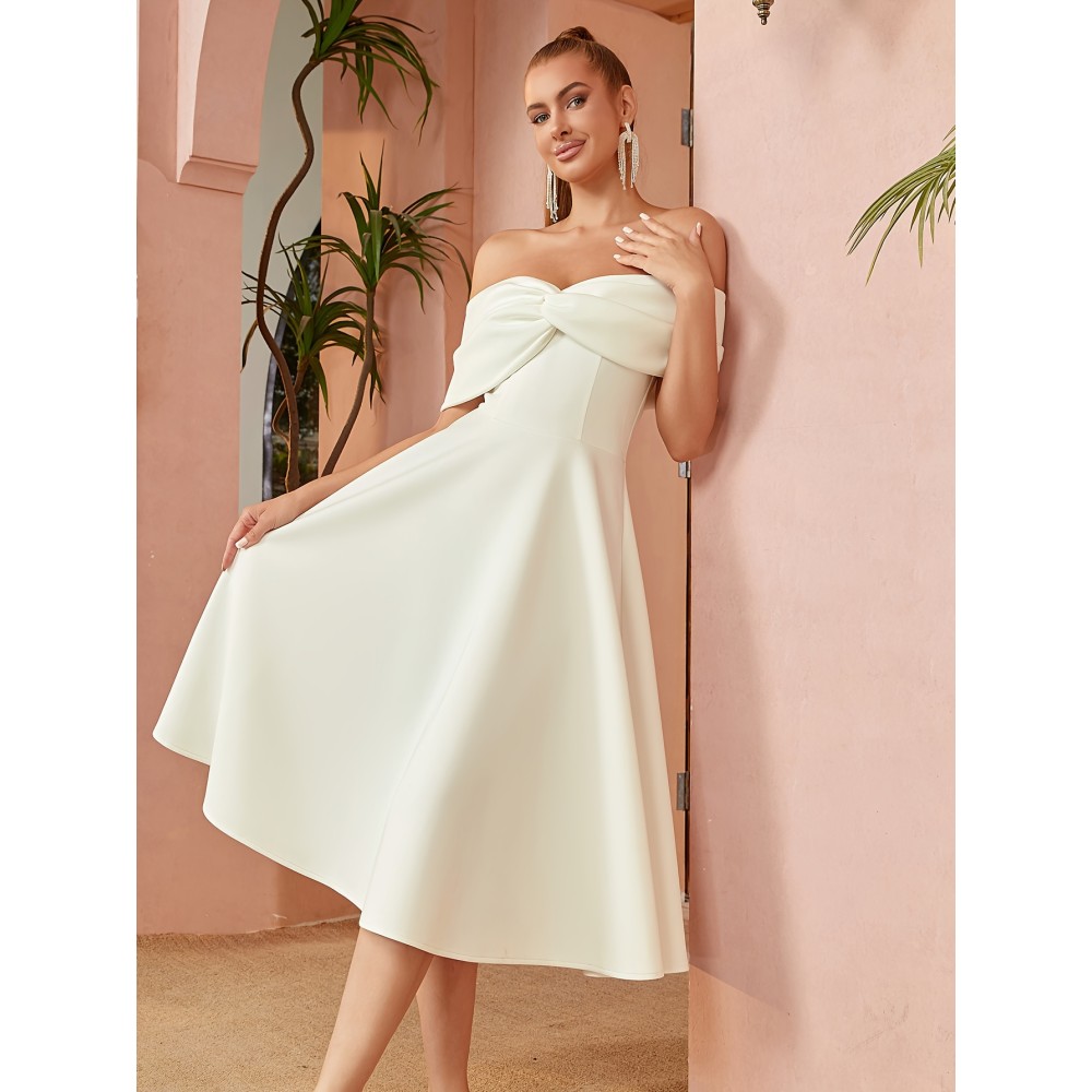 Trendy Twist Solid Color Pleated Bridesmaid Dress - Elegant Off Shoulder Backless Design for Spring & Summer, Women's Formal Wear with Flowy Silhouette and Chic Style Trendy Twist Solid Color Pleated Bridesmaid Dress - Elegant Off Shoulder Backless Design for Spring & Summer, Women's Formal Wear with Flowy Silhouette and Chic Style