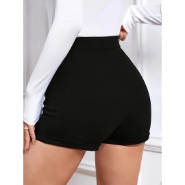 Solid Color High Waist Knitting Shorts, Casual Button Front Skinny Shorts For Every Day, Women's Clothing Solid Color High Waist Knitting Shorts, Casual Button Front Skinny Shorts For Every Day, Women's Clothing