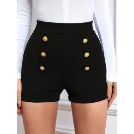 Solid Color High Waist Knitting Shorts, Casual Button Front Skinny Shorts For Every Day, Women's Clothing Solid Color High Waist Knitting Shorts, Casual Button Front Skinny Shorts For Every Day, Women's Clothing