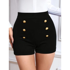 Solid Color High Waist Knitting Shorts, Casual Button Front Skinny Shorts For Every Day, Women's Clothing Solid Color High Waist Knitting Shorts, Casual Button Front Skinny Shorts For Every Day, Women's Clothing