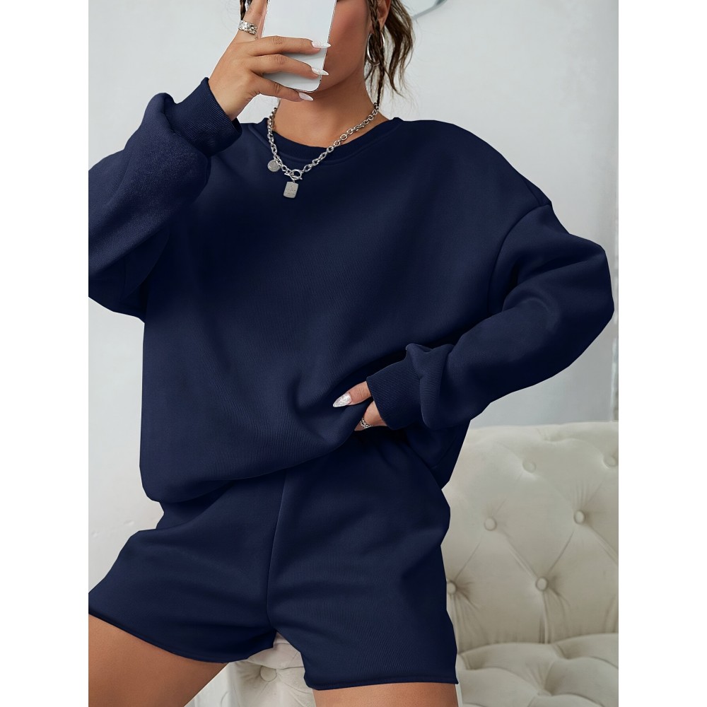 Casual Solid Color Shorts Set, Crew Neck Pullover Sweatshirt & Loose Comfy Shorts For Spring & Fall, Women's Clothing Casual Solid Color Shorts Set, Crew Neck Pullover Sweatshirt & Loose Comfy Shorts For Spring & Fall, Women's Clothing