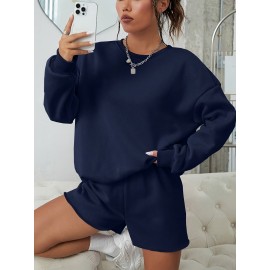 Casual Solid Color Shorts Set, Crew Neck Pullover Sweatshirt & Loose Comfy Shorts For Spring & Fall, Women's Clothing Casual Solid Color Shorts Set, Crew Neck Pullover Sweatshirt & Loose Comfy Shorts For Spring & Fall, Women's Clothing