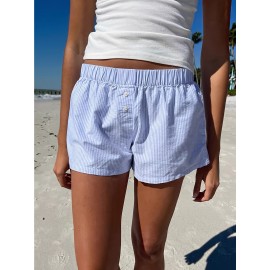 Stripe Print Elastic Waist Shorts, Casual Button Decor Shorts For Summer & Spring, Women's Clothing Stripe Print Elastic Waist Shorts, Casual Button Decor Shorts For Summer & Spring, Women's Clothing